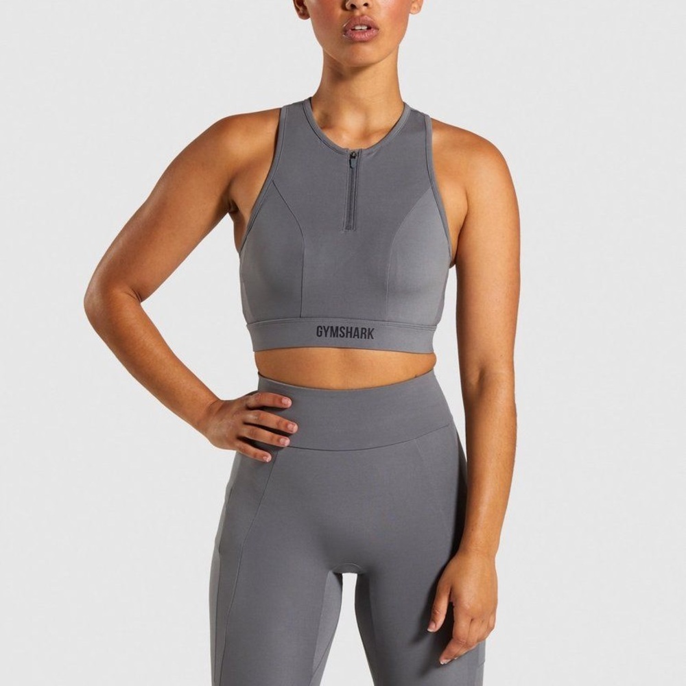 Gymshark Gray High-Neck Zip Sports Bra and Leggings Set